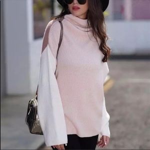 Boho Oversized Color Block Mock Neck Knit Sweater